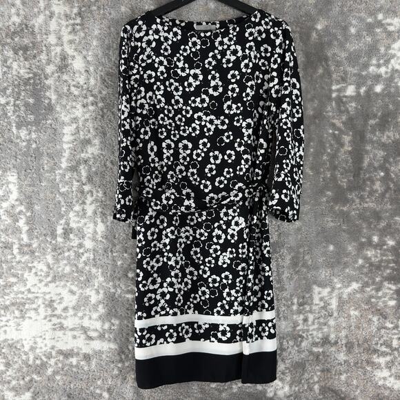 H&M Size 8 Floral Print 3/4 Sleeve Tie Knee Length Shift Dress Black White - Picture 1 of 10